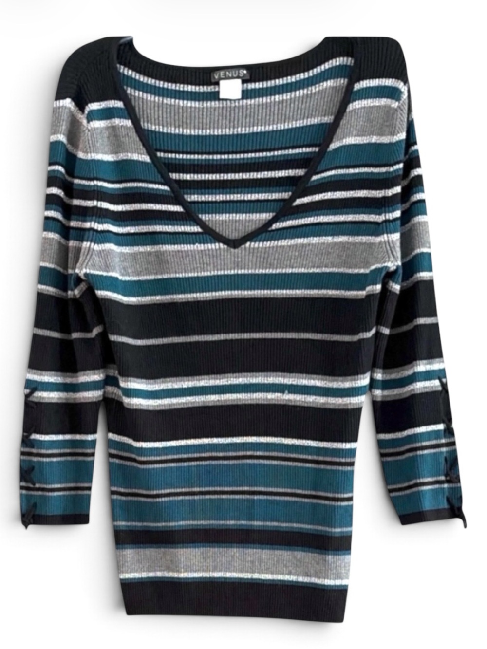 VENUS Y2K B/Neck Blue Silver Metallic Striped Lace Up Sleeve Sweater Size XL